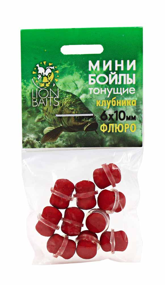 Бойлы МИНИ Lion Baits ФЛЮРО на резинке "КЛУБНИКА" 6х10мм (10шт)