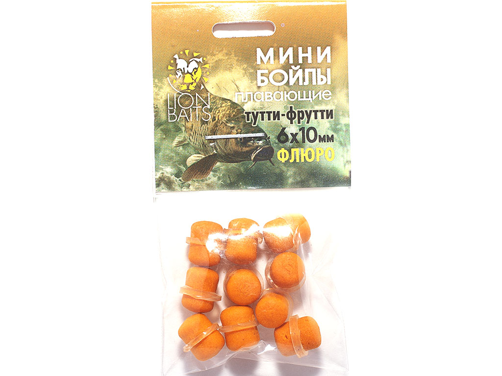 Бойлы МИНИ ПЛАВАЮЩИЕ Lion Baits ФЛЮРО на резинке "ТУТТИ-ФРУТТИ" 6х10мм (10шт)