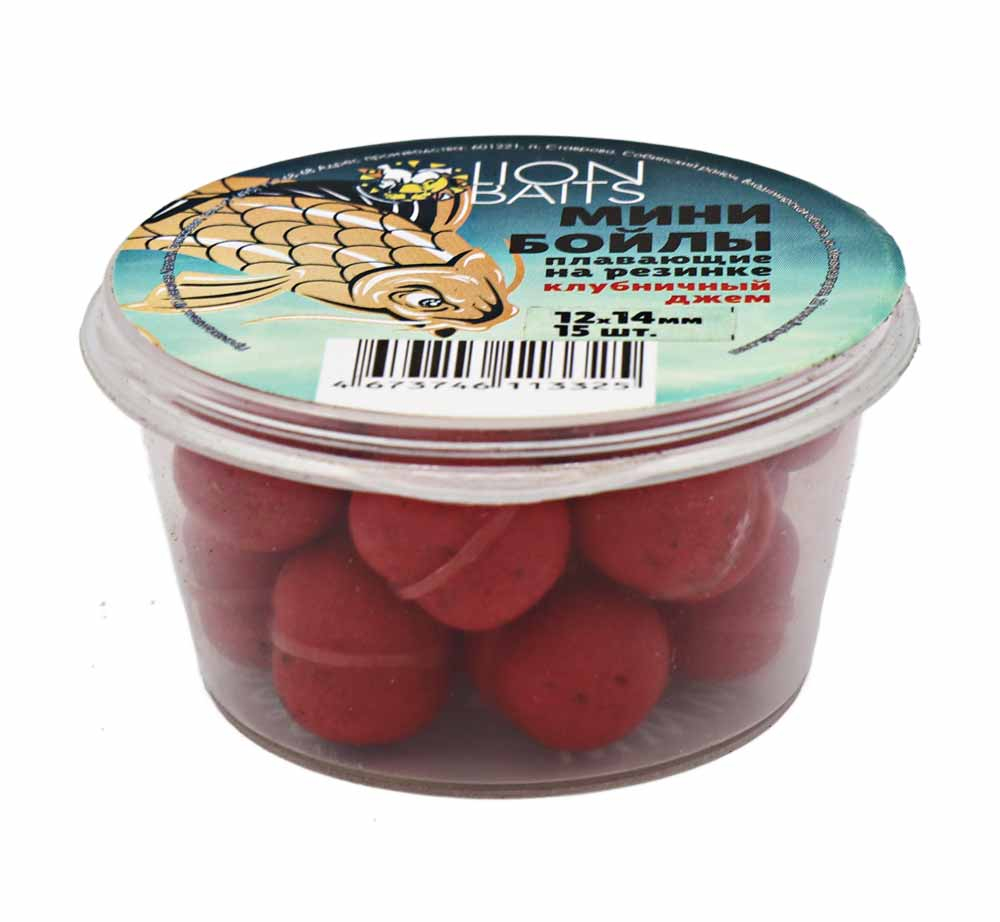 Бойлы МИНИ ПЛАВАЮЩИЕ Lion Baits на резинке "КЛУБНИЧНЫЙ ДЖЕМ" 12х14мм (15шт)