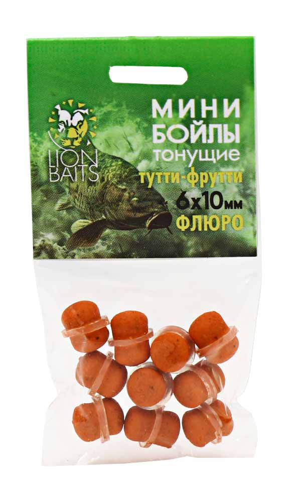 Бойлы МИНИ ТОНУЩИЕ Lion Baits ФЛЮРО на резинке "ТУТТИ-ФРУТТИ" 6х10мм (10шт)