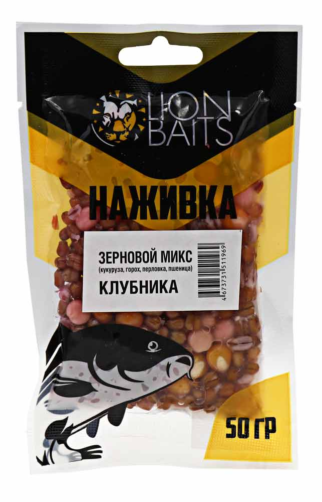 Зерновой Микс Lion Baits "Наживка" натуральный "КЛУБНИКА" 50г